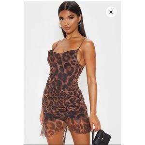 Brown mesh leopard print ruched bodycon dress